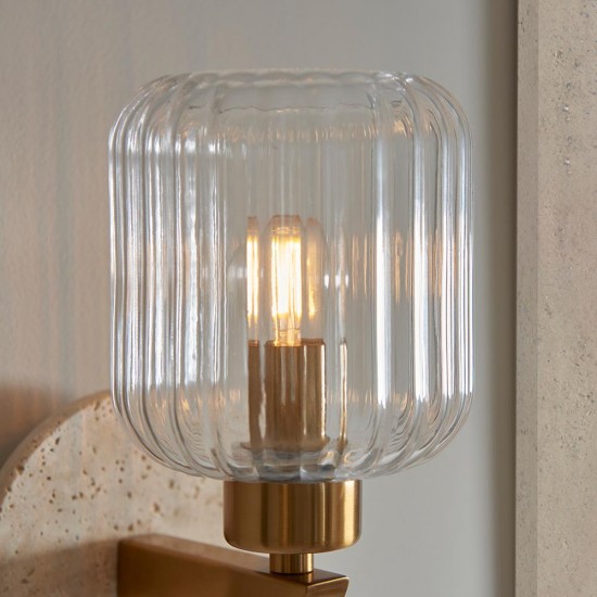 78832-001 Natural Travertine Stone Wall Lamp with Clear Ribbed Glass