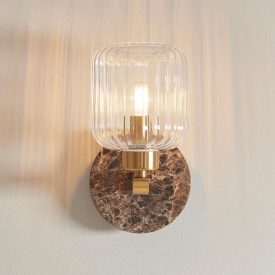78833-001 Dark Brown Emperador Marble Wall Lamp with Clear Ribbed Glass