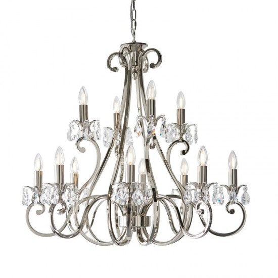 51033-001 Polished Nickel 12 Light Chandelier with Crystal