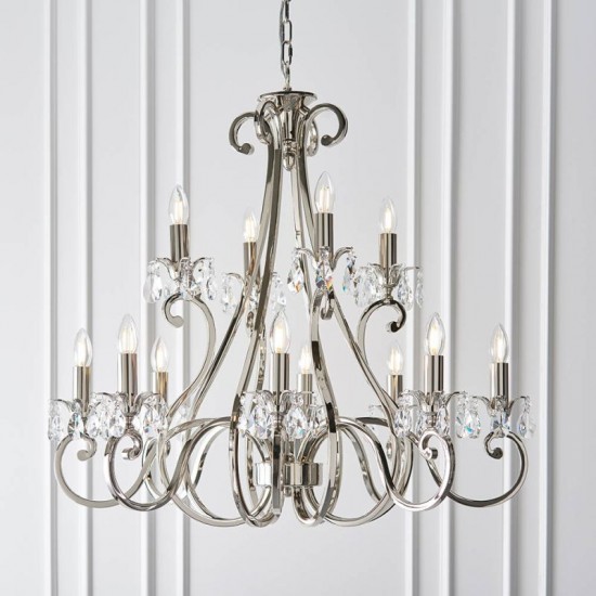 51033-001 Polished Nickel 12 Light Chandelier with Crystal