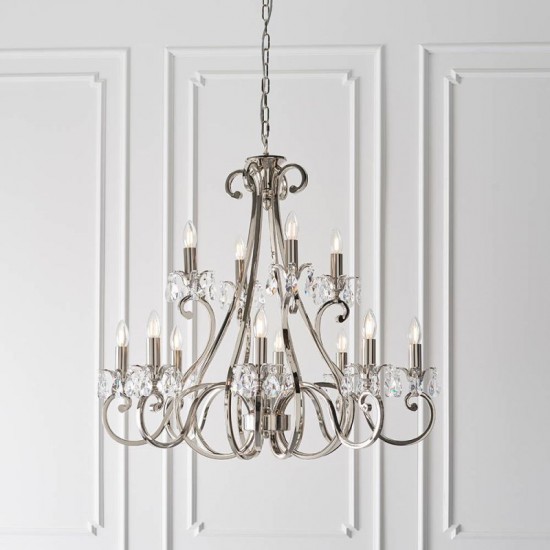 51033-001 Polished Nickel 12 Light Chandelier with Crystal