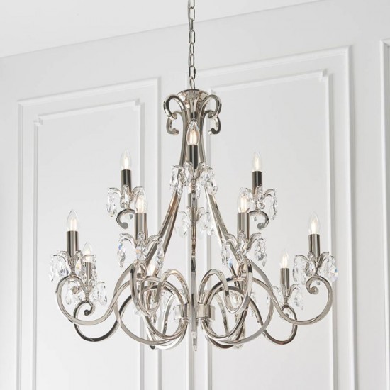 51033-001 Polished Nickel 12 Light Chandelier with Crystal