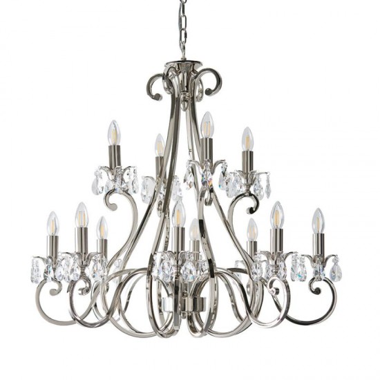 51033-001 Polished Nickel 12 Light Chandelier with Crystal