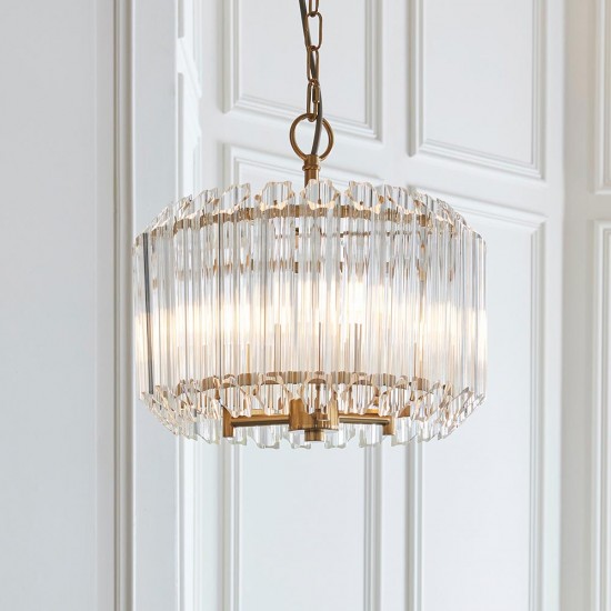 78744-001 Brushed Aged Brass 3 Light Pendant with Clear Glass Rods