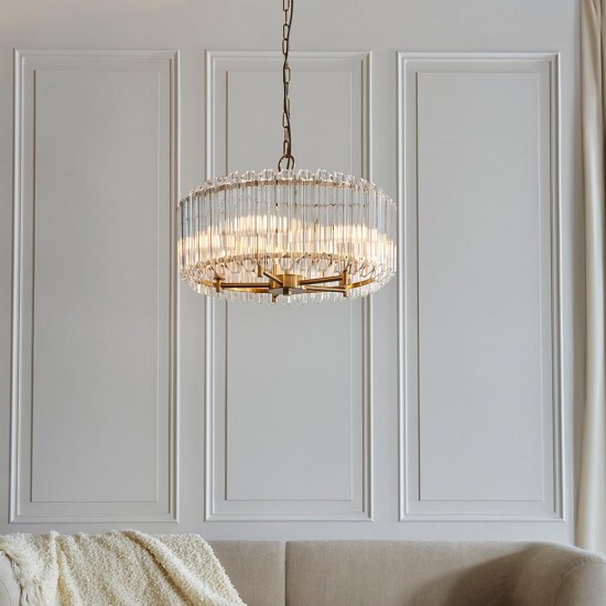 78745-001 Brushed Aged Brass 5 Light Pendant with Clear Glass Rods