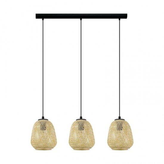 61260-002 Black 3 Light over Island Fitting with Natural Wooden Shades