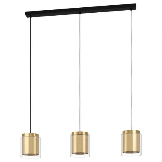 64311-002 Black 3 Light over Island Fitting with Brushed Brass & Clear Glasses