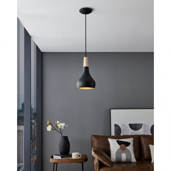 66558-002 Black Pendant with Wooden Detail