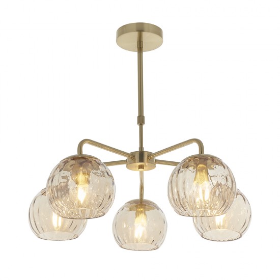 61373-001 Brushed Brass 5 Light Pendant with Amber Glasses
