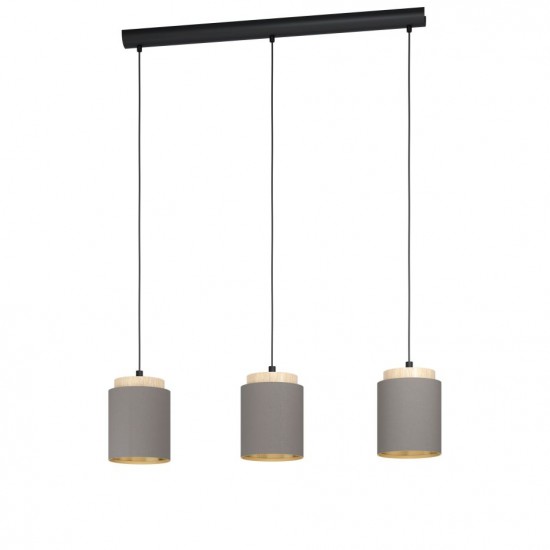 61187-002 Black 3 Light over Island Fitting with Cappuccino & Wooden Shades