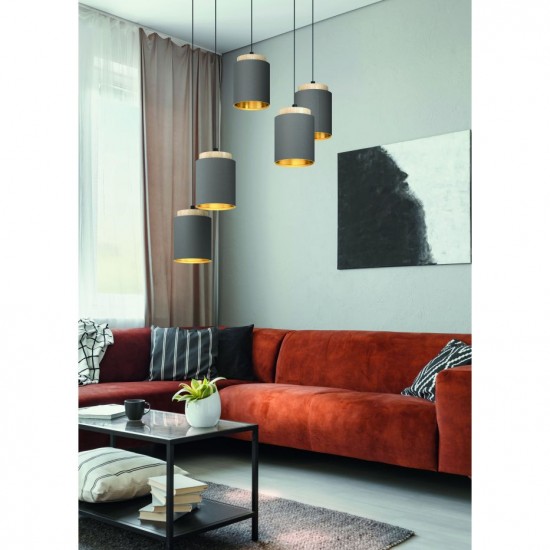 61289-002 Black 5 Light Cluster Pendant with Cappuccino & Wooden Shades