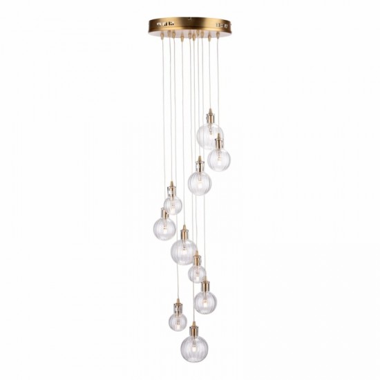 52019-003 Brass 10 Light Cluster Pendant with Ribbed Glasses