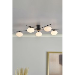 63704-003 Matt Black 5 Light Semi Flush with Opal Glasses