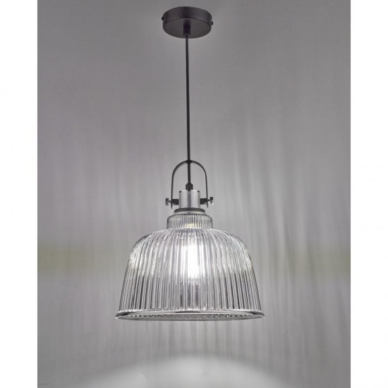 64923-003 Black Pendant with Smoky Ribbed Glass