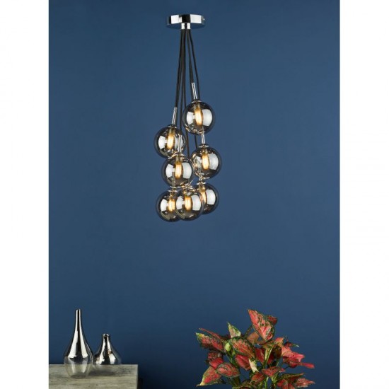 64990-003 Chrome 7 Light Cluster Pendant with Smoked Mirrored Glasses