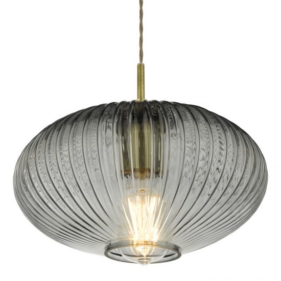 64993-003 Antique Brass Pendant with Smoky Ribbed Glass