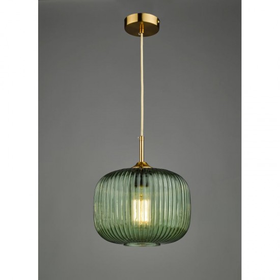 64998-003 Antique Brass Pendant with Green Ribbed Glass