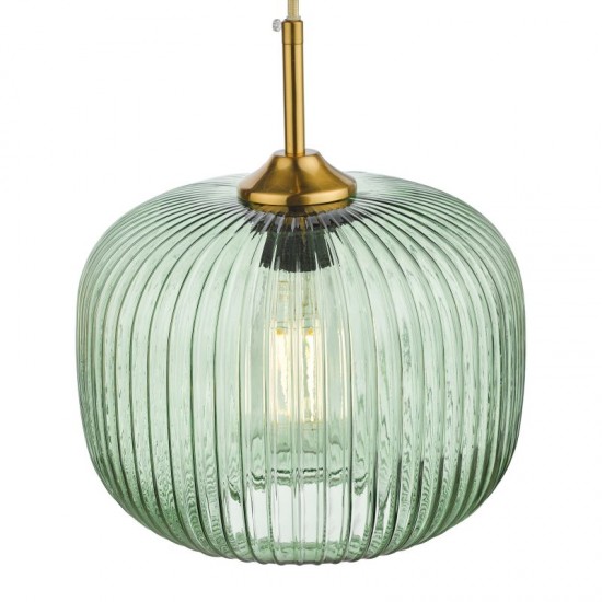 64998-003 Antique Brass Pendant with Green Ribbed Glass