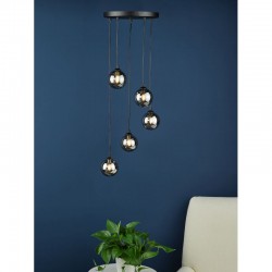 64999-003 Black 5 Light Cluster Pendant with Smoked Mirrored Glasses