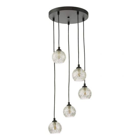 65002-003 Black 5 Light Cluster Pendant with Wire Clear Glasses