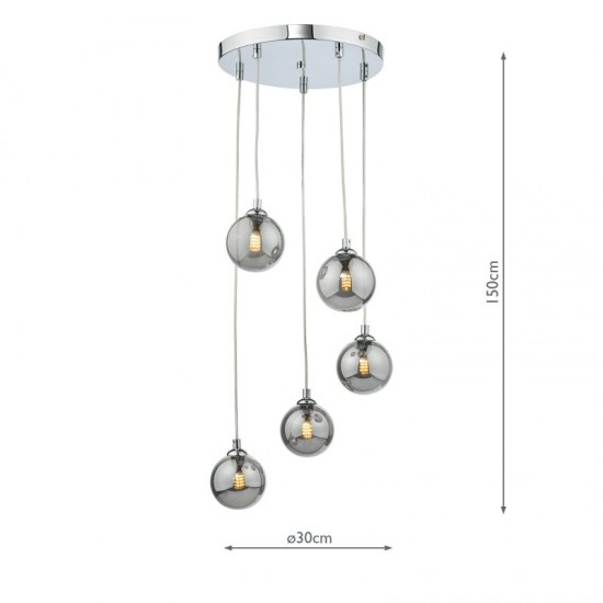 65003-003 Chrome 5 Light Cluster Pendant with Smoked Mirrored Glasses