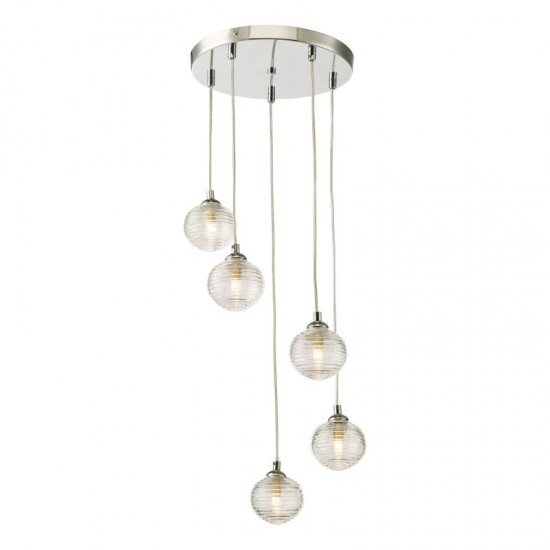65005-003 Chrome 5 Light Cluster Pendant with Ribbed Clear Glasses