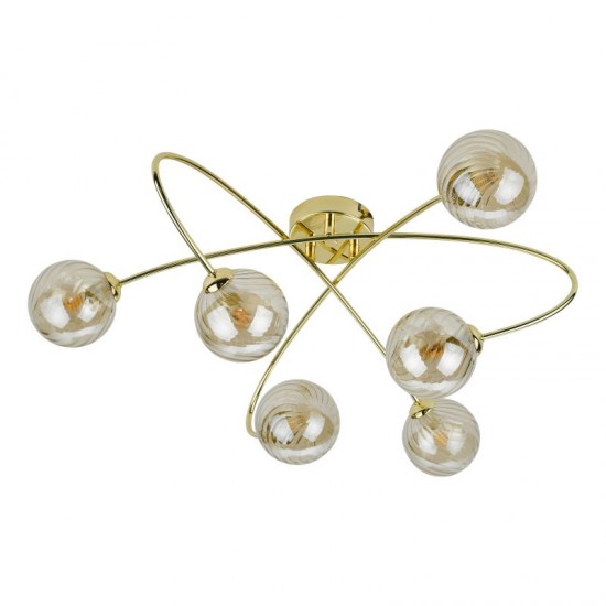 67809-003 Gold 6 Light Ceiling Lamp with Ribbed Amber Glasses