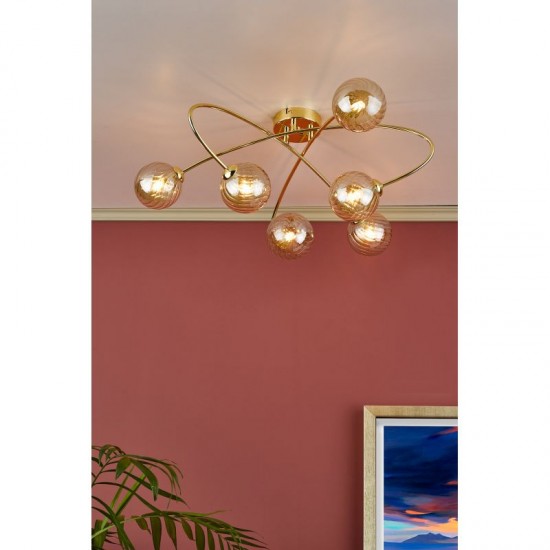 67809-003 Gold 6 Light Ceiling Lamp with Ribbed Amber Glasses