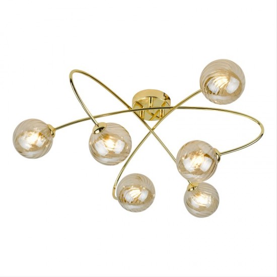 67809-003 Gold 6 Light Ceiling Lamp with Ribbed Amber Glasses