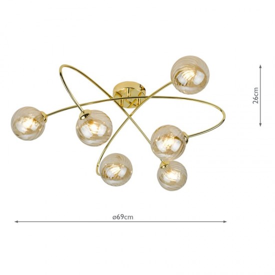 67809-003 Gold 6 Light Ceiling Lamp with Ribbed Amber Glasses