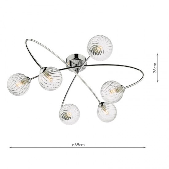 67810-003 Chrome 6 Light Ceiling Lamp with Ribbed Glasses