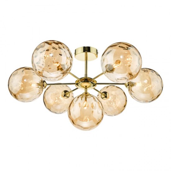 67815-003 Gold 7 Light Semi Flush with Dimple Amber Glasses