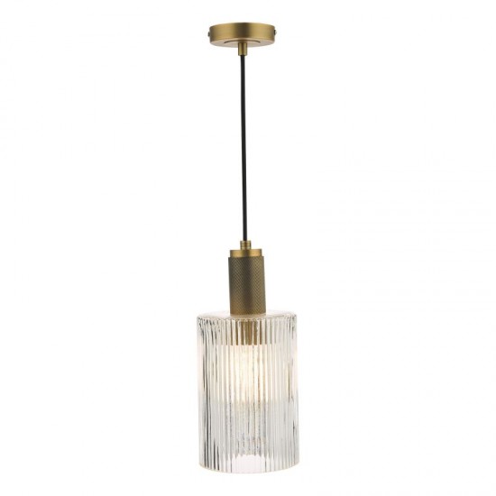 67873-003 Aged Brass Pendant with Ribbed Cylinder Glass