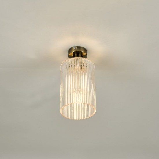 67902-003 Aged Brass Semi Flush with Ribbed Clear Glass