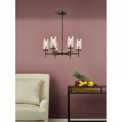 67987-003 Black & Antique Brass 6 Light Centre Fitting with Clear Glasses