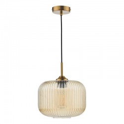 71161-003 Natural Brass Pendant with Amber Ribbed Glass