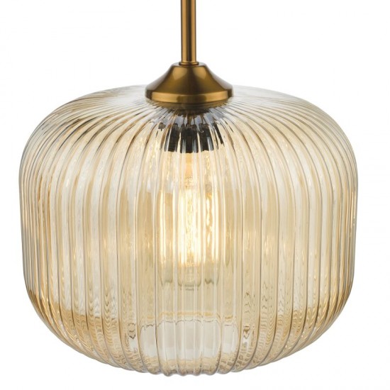 71161-003 Natural Brass Pendant with Amber Ribbed Glass