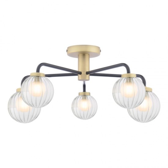 71183-003 Antique Brass & Black 5 Light Flush with Glass Shades