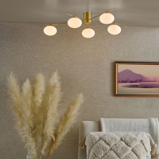 71190-003 Gold 5 Light Ceiling Lamp with Opal Glasses