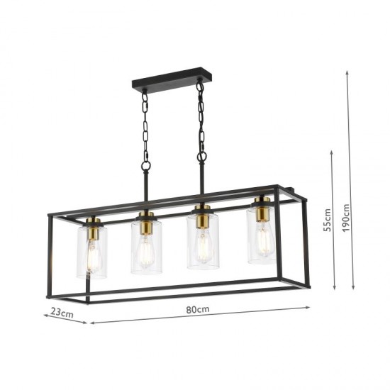 74705-003 Black & Antique Brass 4 Light over Island Fitting with Clear Glass