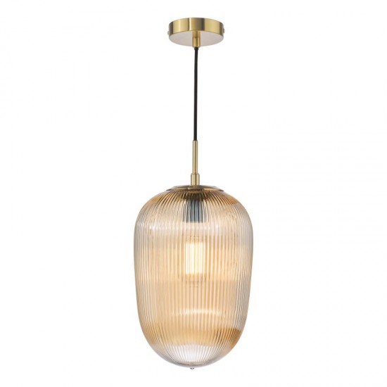 74706-003 Brushed Bronze Pendant with Amber Ribbed Glass