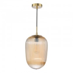 74706-003 Brushed Bronze Pendant with Amber Ribbed Glass