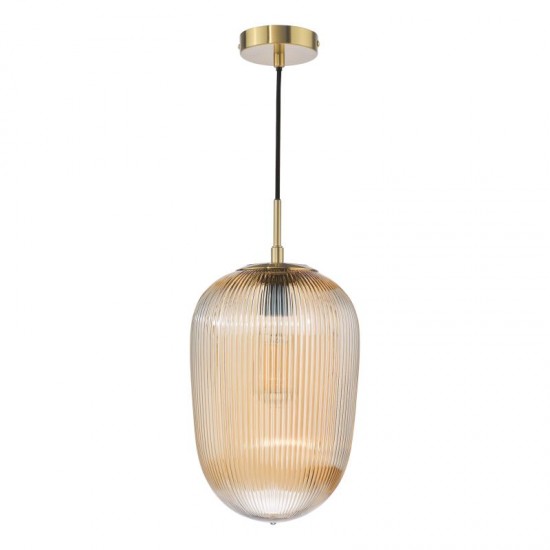 74706-003 Brushed Bronze Pendant with Amber Ribbed Glass