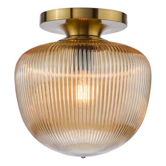 74708-003 Brushed Bronze Semi Flush with Amber Ribbed Glass