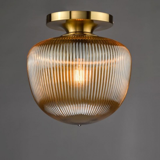 74708-003 Brushed Bronze Semi Flush with Amber Ribbed Glass