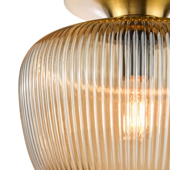 74708-003 Brushed Bronze Semi Flush with Amber Ribbed Glass