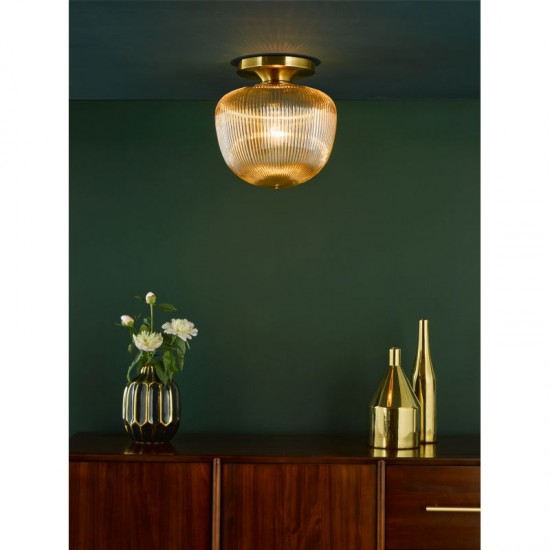 74708-003 Brushed Bronze Semi Flush with Amber Ribbed Glass