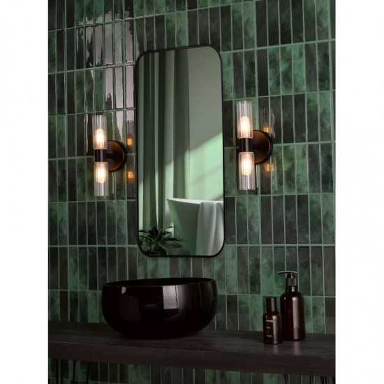 74751-003 Black 2 Light Wall Lamp with Frosted & Ribbed Glass IP44