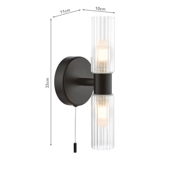 74751-003 Black 2 Light Wall Lamp with Frosted & Ribbed Glass IP44