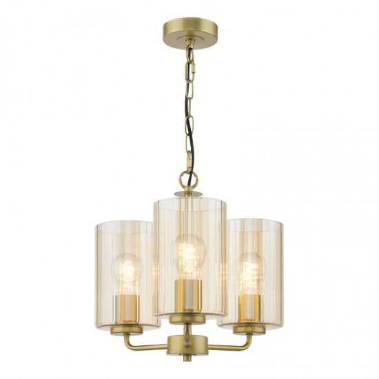 79488-003 Satin Gold 3 Light Centre Fitting with Ribbed Amber Glass